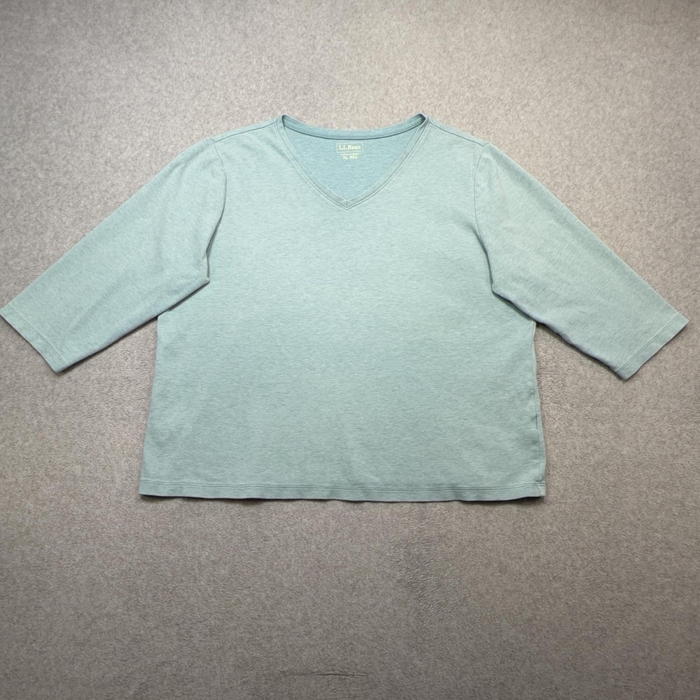 LL Bean Tee Shirt Womens XL Heather Blue 3/4 Sleeve V Neck Cotton Knit Casual